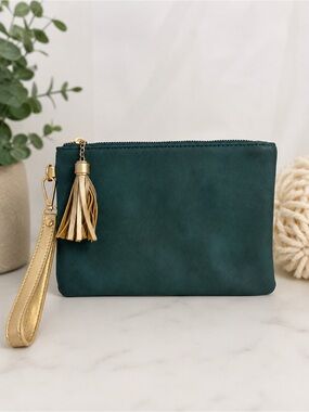 Klutch Teal Suede Wristlet Clutch Gold Tassel 9in X 6.5in